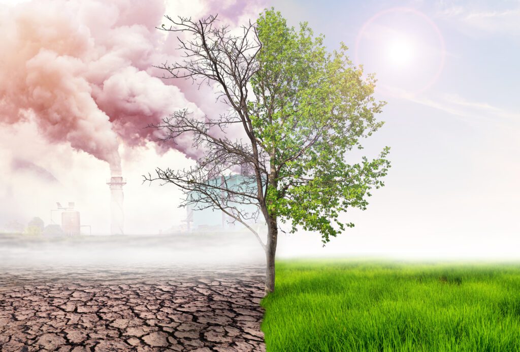 comparing green earth and effect of air pollution from human action, global warming concept, green tree and green earth with light and arid land with air pollution at background