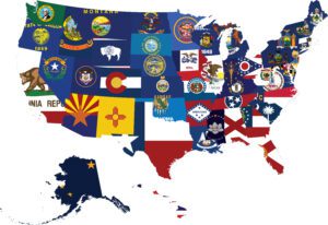 Collection of US federal states flags inside the map of United States